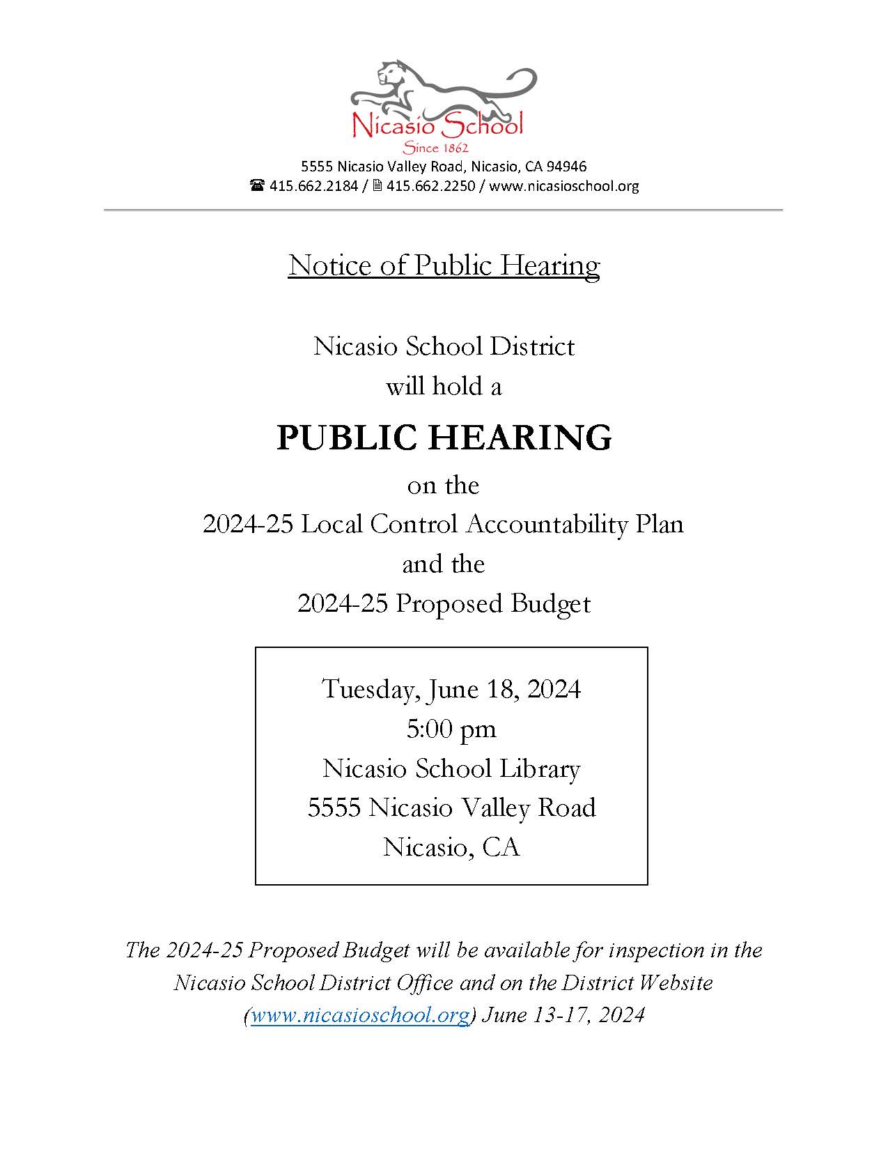 Notice of Public Hearing LCAP and Proposed Budget June 2024